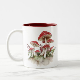 Watercolor Red Toadstool Mushrooms Two-Tone Coffee Mug