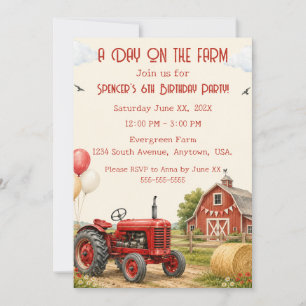 Watercolor Red Tractor Birthday Invitation Farm