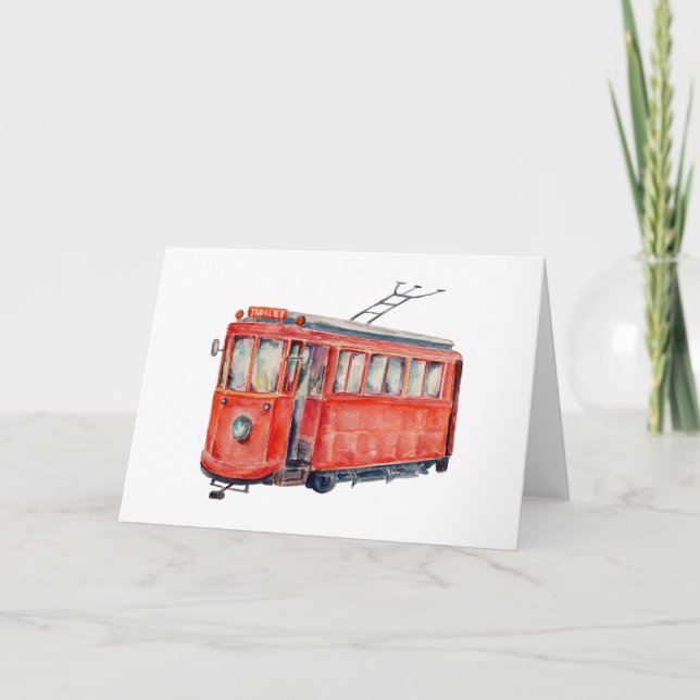 Watercolor red trolley car greeting card (Front)
