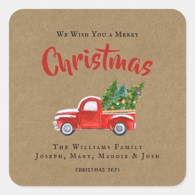 Watercolor Red Truck and Tree Name Christmas  Square Sticker (Front)