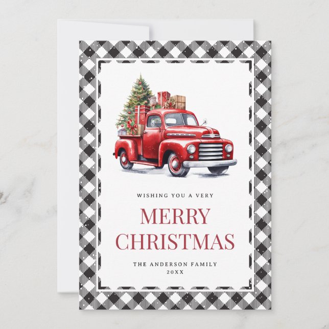 Watercolor Red Truck Buffalo Plaid Christmas Holiday Card (Front)