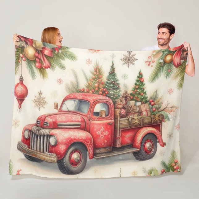 Watercolor Red Truck Christmas Motifs Holiday Fleece Blanket (In Situ)