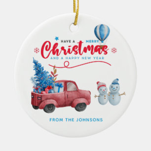 Watercolor Red Truck Christmas Photo Ceramic Tree Decoration