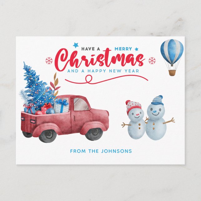 Watercolor Red Truck Christmas Scene Holiday Postcard (Front)