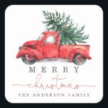 Watercolor Red Truck & Christmas Tree Favor Square Sticker<br><div class="desc">This vintage inspired sticker features gorgeous watercolor illustration of a red truck carrying a pine tree. The text fields are fully editable except for the word "Christmas". Simply remove this word by clicking the delete button and add your own text if you require a different word.</div>