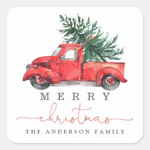 Watercolor Red Truck & Christmas Tree Favour Square Sticker