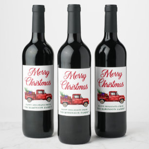 Watercolor Red Truck Christmas Tree String Lights Wine Label