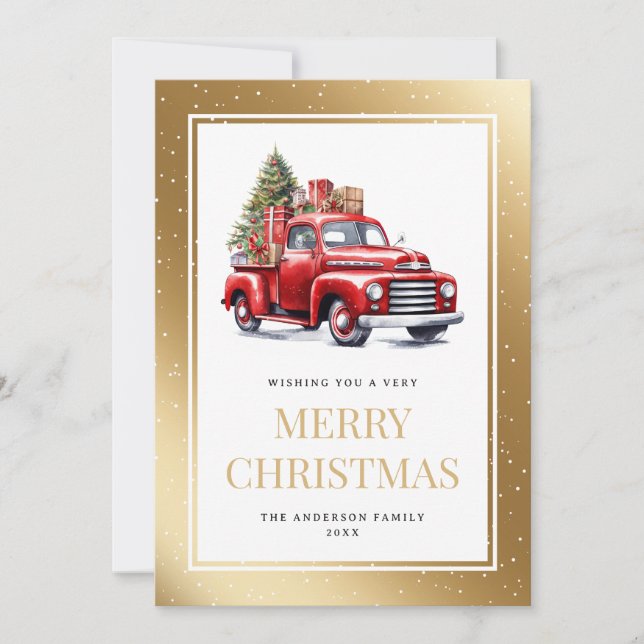 Watercolor Red Truck Gold Snowy Christmas Holiday Card (Front)
