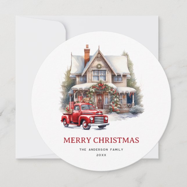 Watercolor Red Truck House Merry Christmas Card (Front)