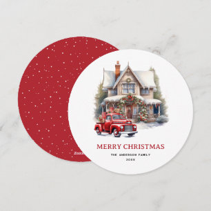 Watercolor Red Truck House Merry Christmas Card