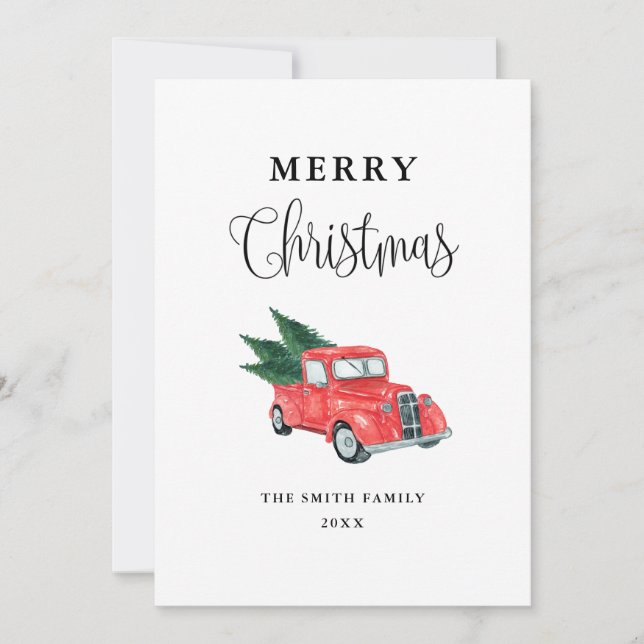 Watercolor Red Truck Merry Christmas Card (Front)