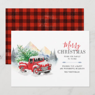 Watercolor Red Truck Merry Christmas Lumberjack Holiday Card