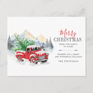Watercolor Red Truck Merry Christmas Lumberjack Holiday Postcard