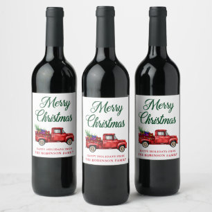 Watercolor Red Truck Merry Christmas String Lights Wine Label