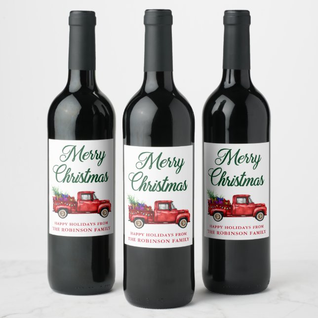 Watercolor Red Truck Merry Christmas String Lights Wine Label (Bottles)