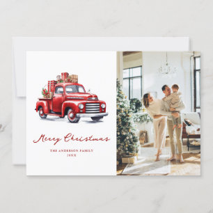 Watercolor Red Truck Photo Merry Christmas Card