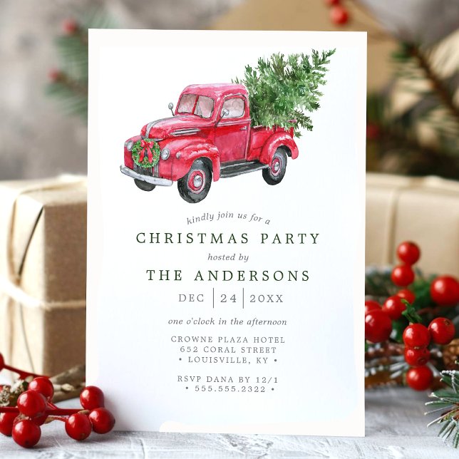 Watercolor Red Truck Retro Christmas Party Invitation (Creator Uploaded)
