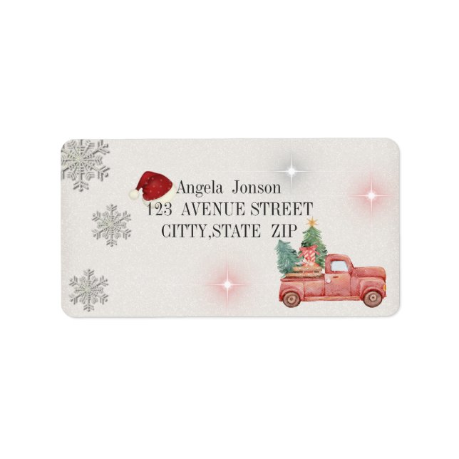 Watercolor Red Truck, Santa Hat,Glitter Label (Front)