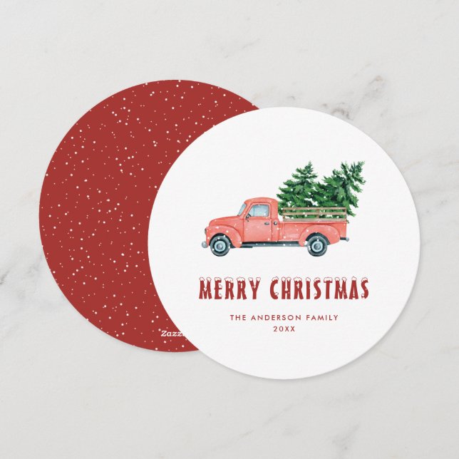Watercolor Red Truck Snow Merry Christmas Card (Front/Back)