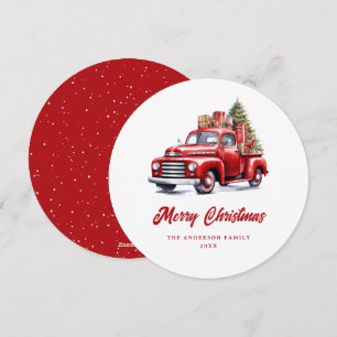 Watercolor Red Truck Snow Merry Christmas Card