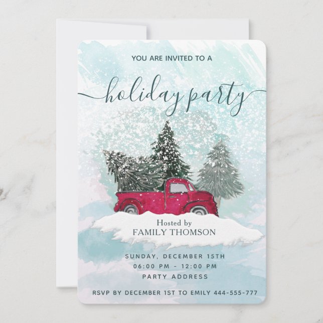 Watercolor red truck winter scene holiday party  invitation (Front)