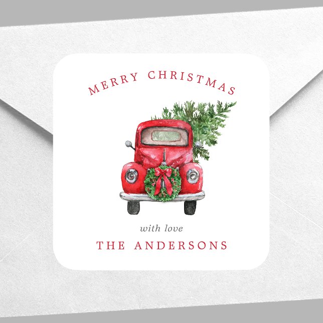 Watercolor Red Truck Wreath Christmas Square Sticker (Creator Uploaded)