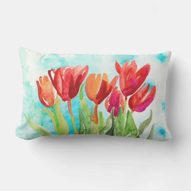 Watercolor Red Tulip on Aqua Throw Pillow (Front)