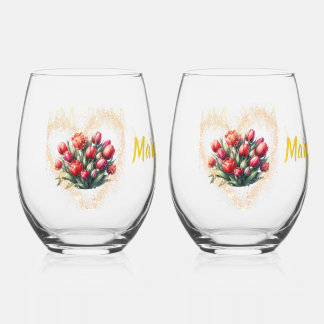 Watercolor red tulip wedding wine glass Mr & Mrs