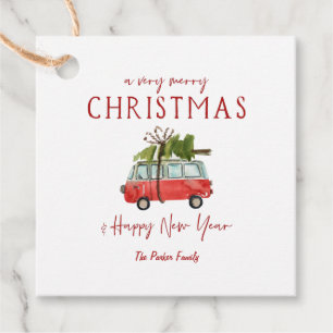 Watercolor Red Van   Christmas Gift Tags
