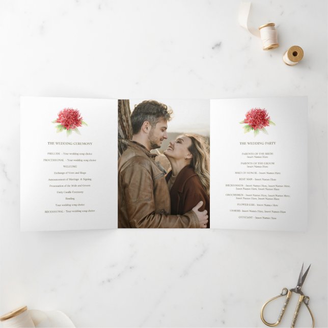 Watercolor red waratah wedding photo Tri-Fold programme (Inside)