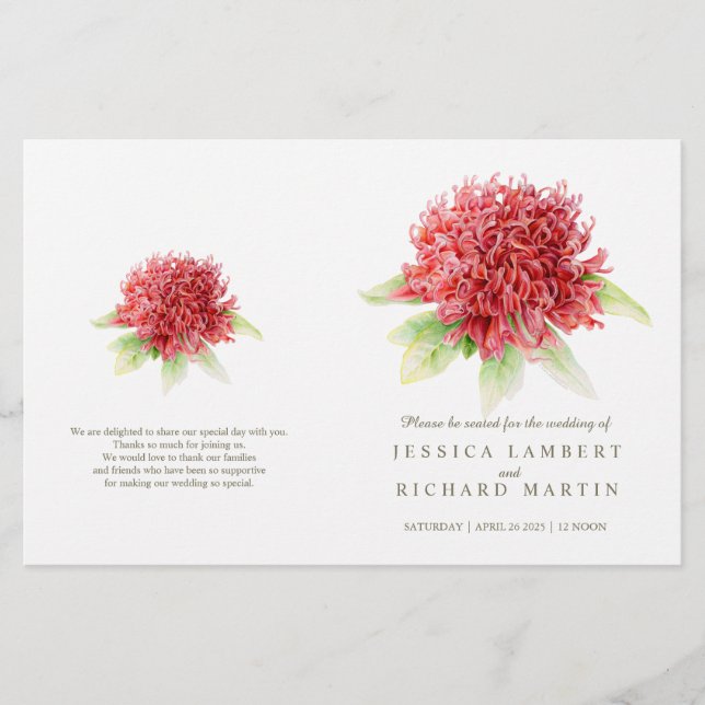 Watercolor red waratah wedding programme (Front)