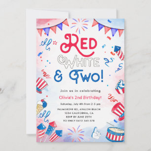 Watercolor Red White and Two, 4th of July Birthday Invitation