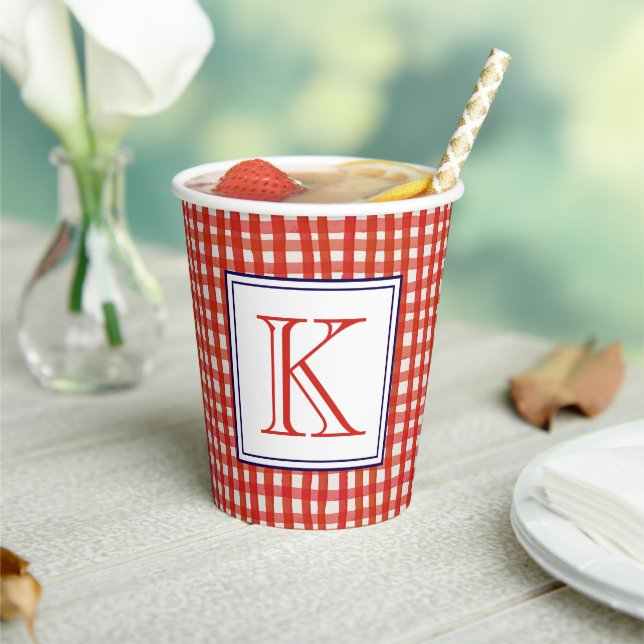 Watercolor Red White & Blue Gingham Monogram Paper Cups (Insitu)