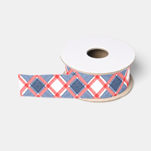 Watercolor Red White & Blue Gingham Plaid Grosgrain Ribbon