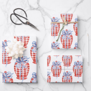 Watercolor Red White & Blue Patriotic Ginger Jar Wrapping Paper Sheet