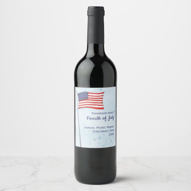 Watercolor Red White Blue Simple American Flag Wine Label (Front)