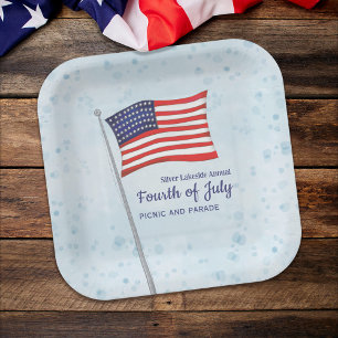 Watercolor Red White Blue Simple Fourth of July Paper Plate