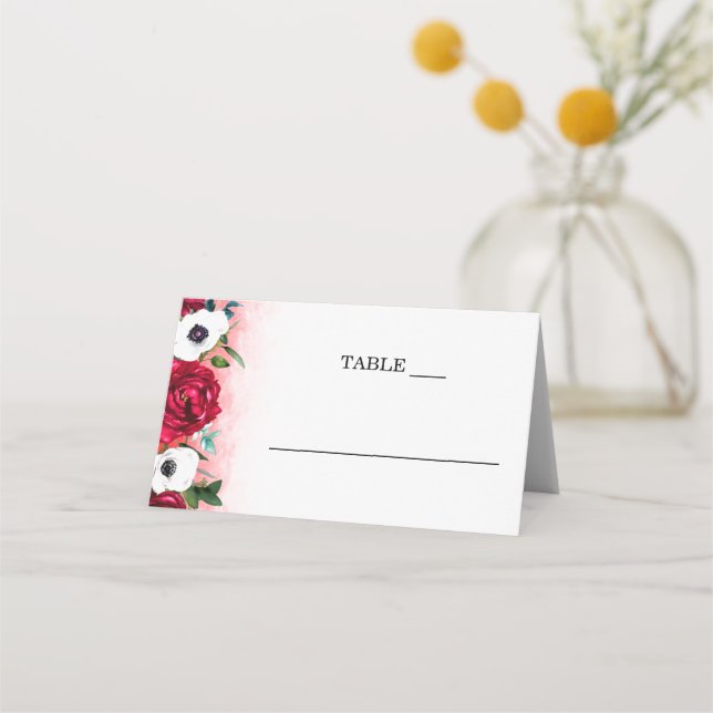 Watercolor Red White floral  Place Card (Front)