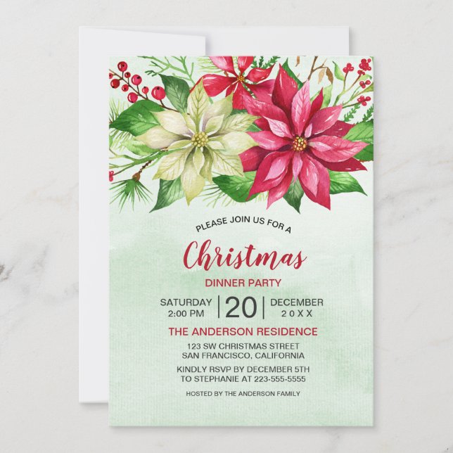 Watercolor Red White Poinsettia Floral Christmas (Front)