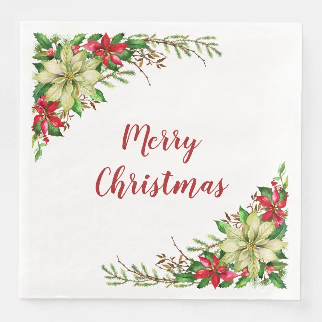 Watercolor Red White Poinsettia Floral Christmas Napkin (Front)