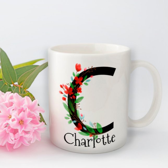 Watercolor red wildflowers monogram coffee mug (Creator Uploaded)
