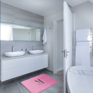 Watercolor red wildflowers monogram pink bath mat