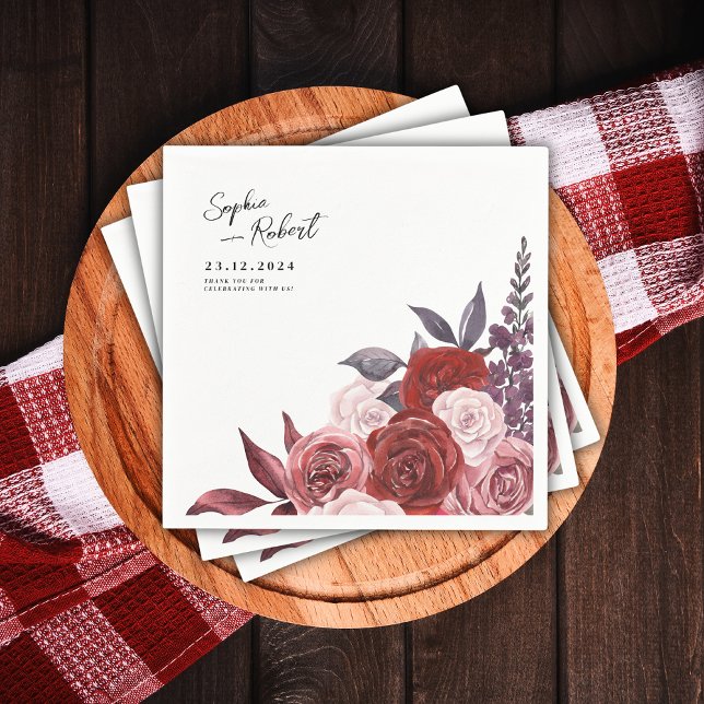 Watercolor Red Wine Flower Wedding Personalised Napkin (Creator Uploaded)