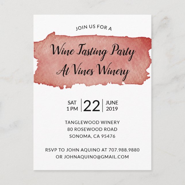 Watercolor Red Wine Stain Wine Tasting Party Announcement Postcard (Front)