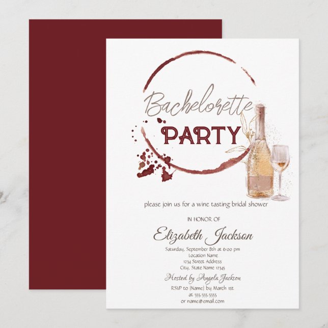 Watercolor Red Wine Tasting Bachelorette  Invitation (Front/Back)