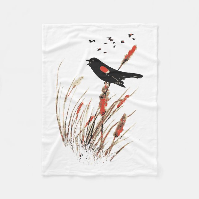 Watercolor Red Wing Blackbird Bird Nature art Fleece Blanket (Front)