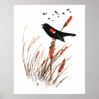 Watercolor Red Wing Blackbird Bird Nature art