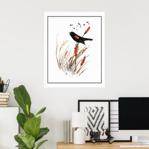 Watercolor Red Wing Blackbird Bird Nature art Poster