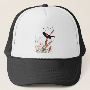Watercolor Red-Wing Blackbird Wildlife Cattails  Trucker Hat