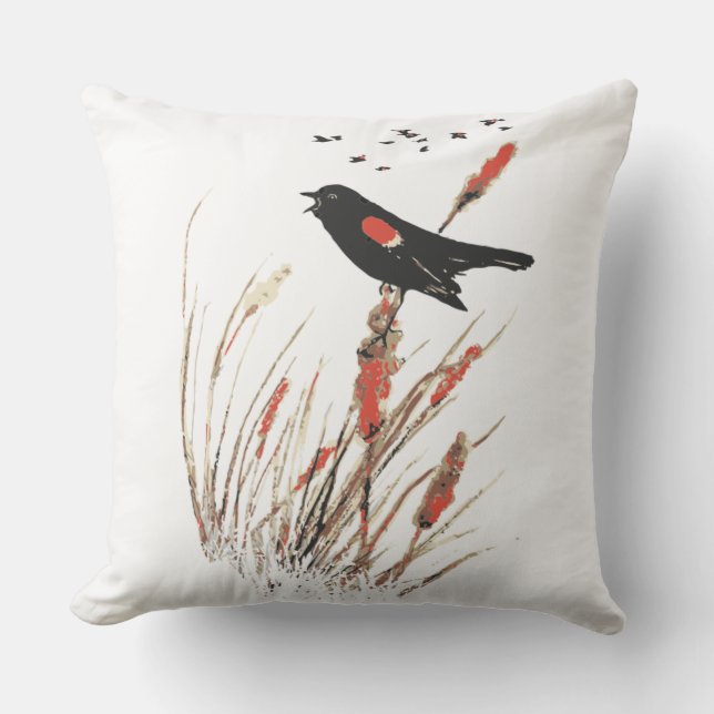 Watercolor Red Winged Blackbird Bird Animal Art Cushion (Front)